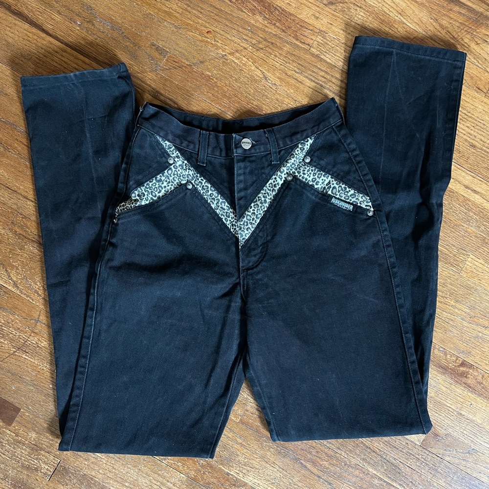 Black Vintage Western Roughrider Jeans with Leopard Print Details